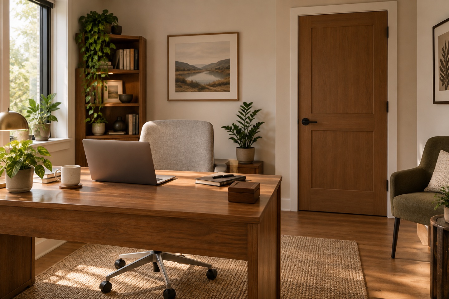 Reserviert: ein ruhiges, nicht-klinisches Interieur – ein privater Schreibtisch, ein Laptop, eine geschlossene Tür.