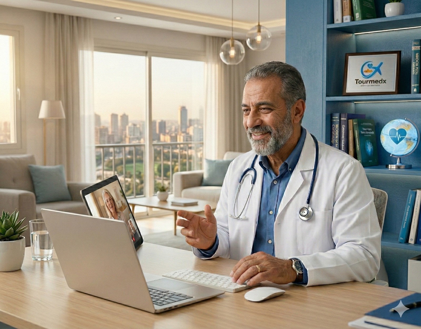 طبيبة بسماعة رأس تقدم استشارة طبية أونلاين